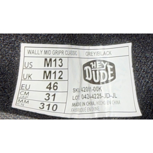 Hey Dude Wally Mid Gripr Classic Mens 13 Grey Black Chukka Boots Shoes 42051-00K main image 5